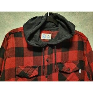 Flannel Hoodie Button Up Shirt Men's Med Black Red Plaid Long Sleeve Y2K Grunge